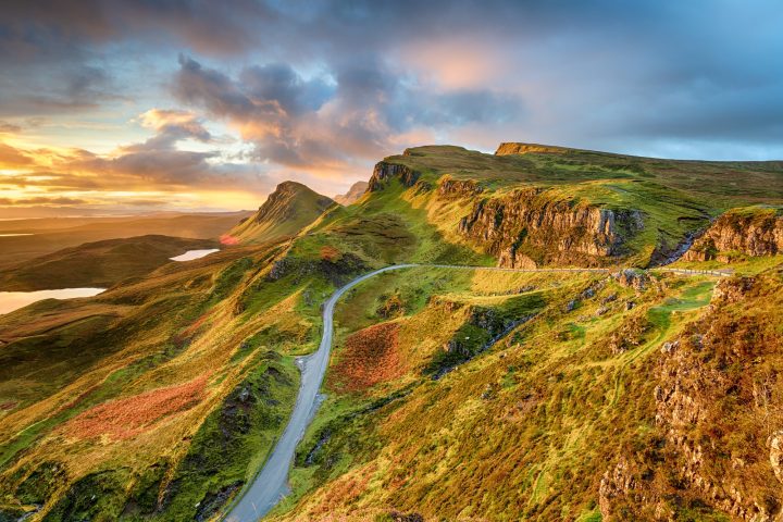 Dramatic sunrise sky over the Quiraing